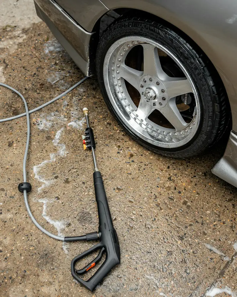 A pressure washer lance on a wet driveway next to a car wheel