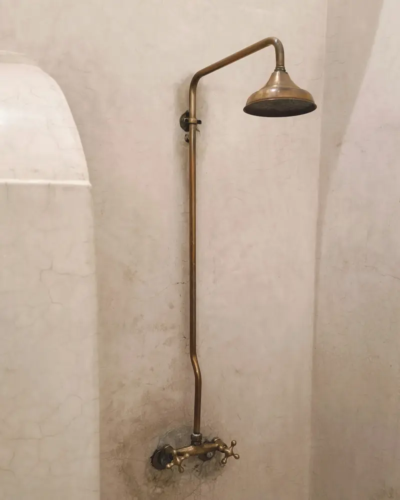 Pale tadelakt shower walls with an arched recess and a brass shower